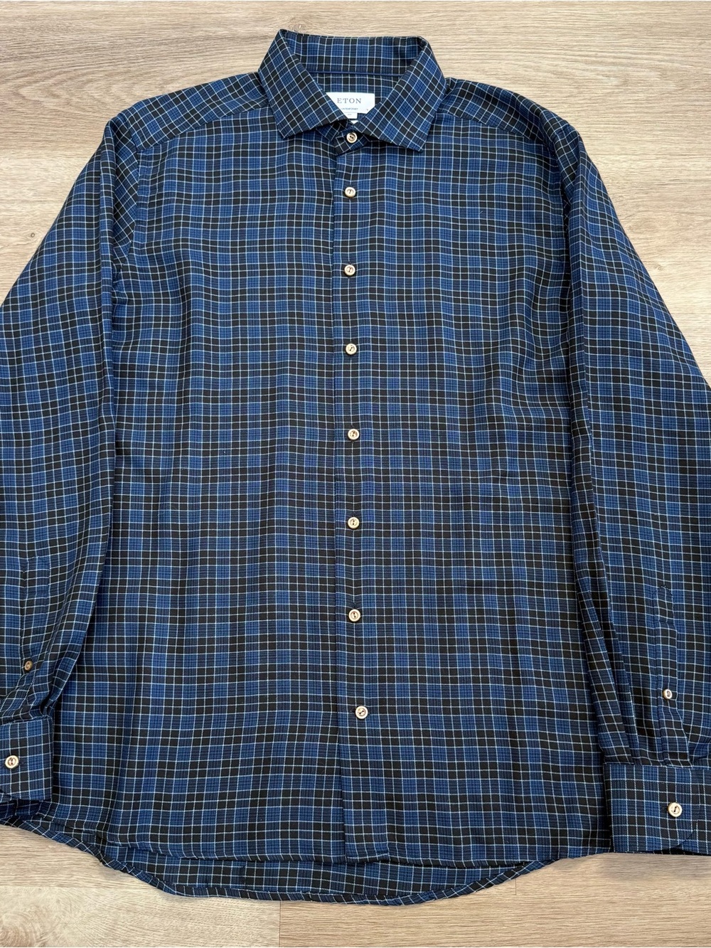 ETON 100% Merino Wool Contemporary Fit Blue Check Plaid Dress Shirt Mens 2XL XXL